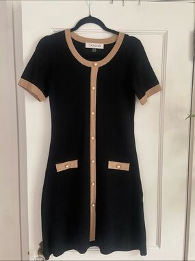 Taylor Black Mini Dress with Tan Trim and Gold Buttons NWOT